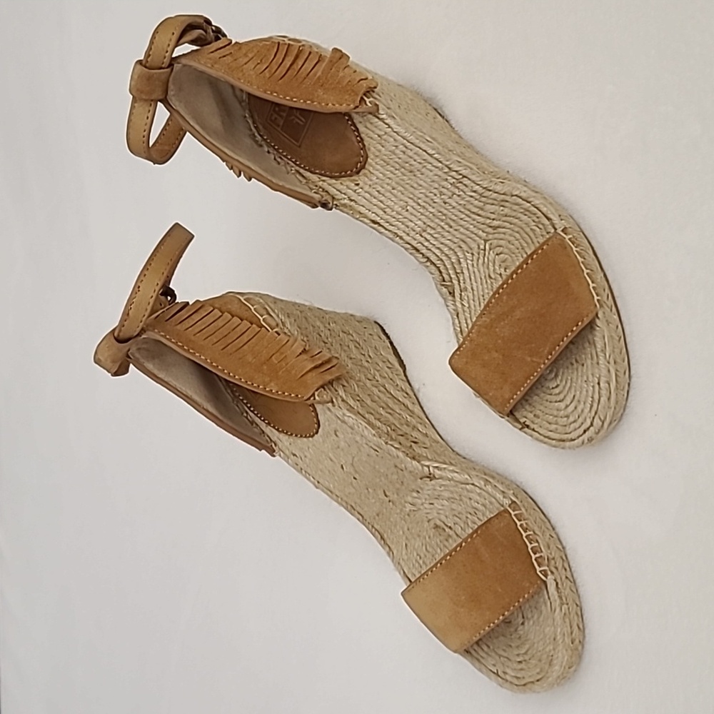 FRYE AND CO. Tan Suede Fringe Espadrille Wedge Sandals